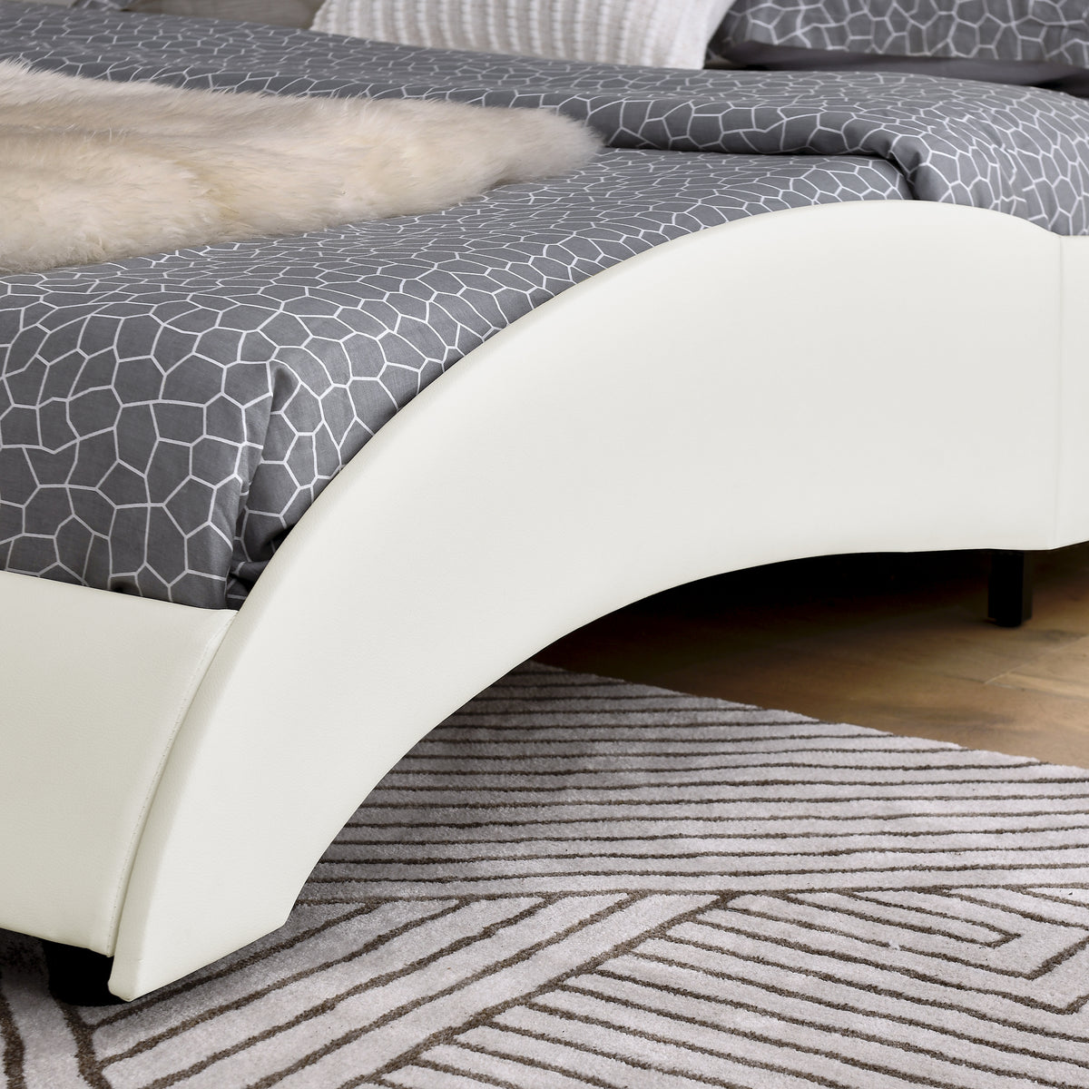 Queen Led Bed Frame Modern Faux Leather Upholstered Platform Bed Frame with RGB LED Lights and Headboard Wave Like Curve Low Profile Bed Frame,Wood Slats Support,Easy Assembly, White W487P169715-djyc