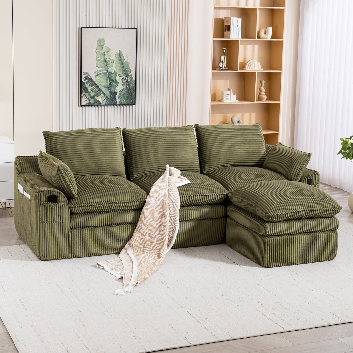 L Shaped Compressed Modular Sectional Sofa Modern Corduroy Upholstered Boneless Couches with Movable Footstool,With Three Pillows and Two Lumbar Pillows,Detachable Cloud Seat Cushions-W395S00139