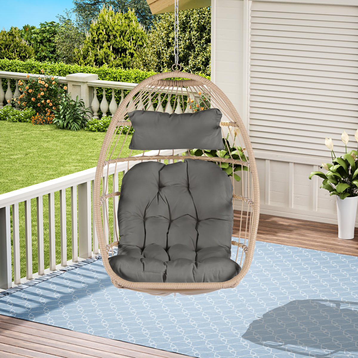 Outdoor Garden Rattan Egg Swing Chair Hanging Chair Wood+Dark Gray W87470733-djyc