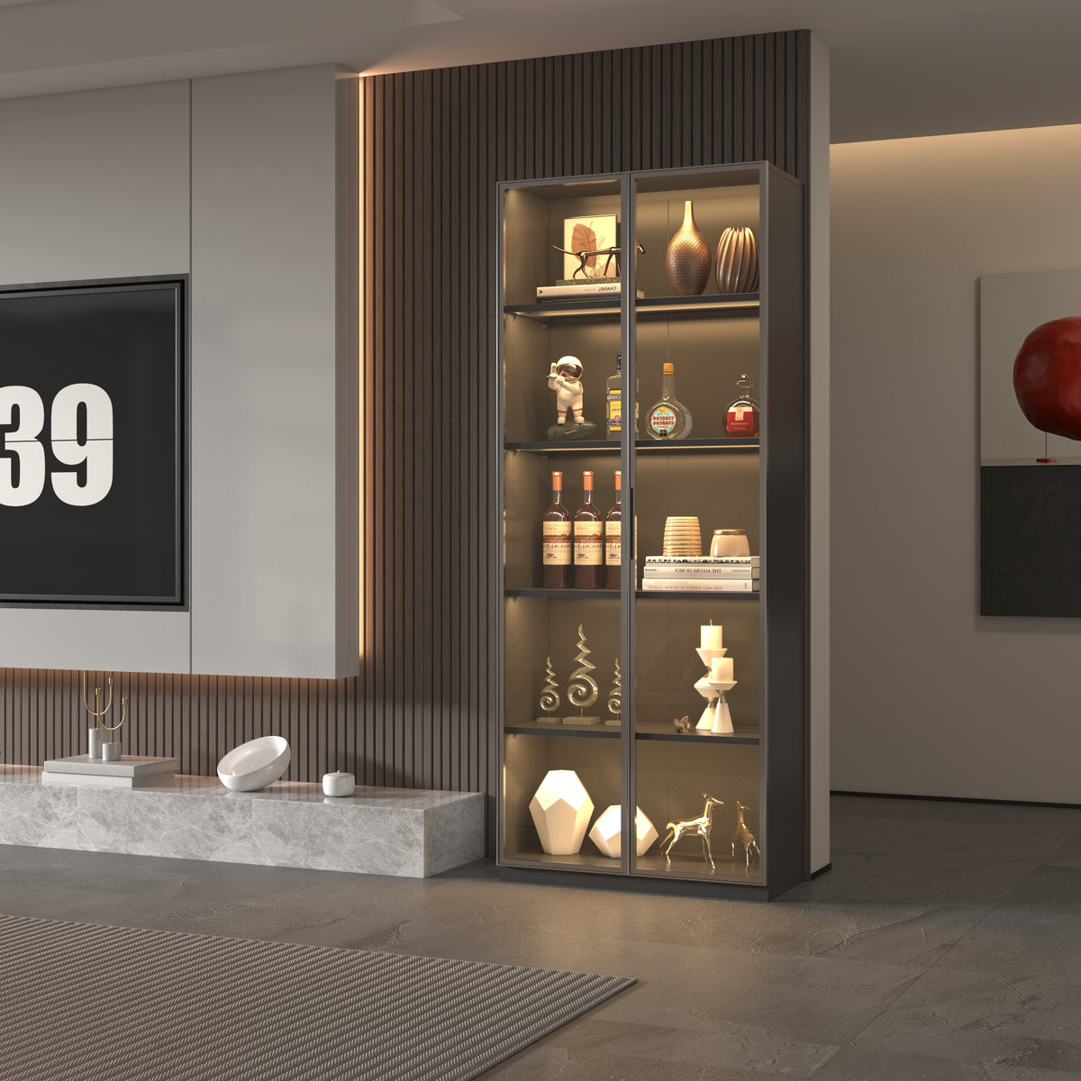 Best selling new design double door metal glass display storage cabinetwith light strip for living room W2385P152311-djyc