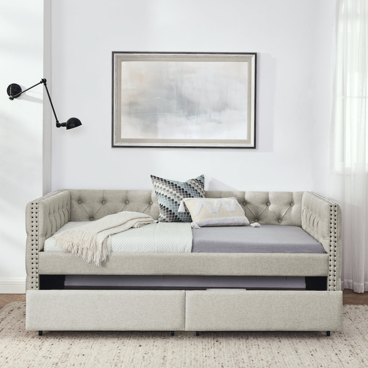 Upholstered Twin Size Daybed with Two Drawers, with Button and Copper Nail on Square Arms, Beige (82.75''x43''x30.75'') W487S00217-djyc