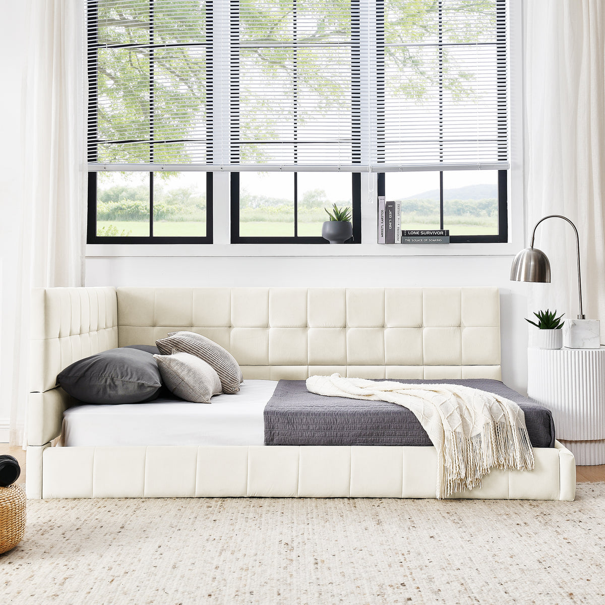 Full Size Upholstered Tufted Bed Frame, Sofa Bed Frame with Comfortable Backrest and Armrests, Full Size Bed for Bedroom, Living Room,Velvet, Beige(80.5''*59''*30.5'') W487S00223-djyc