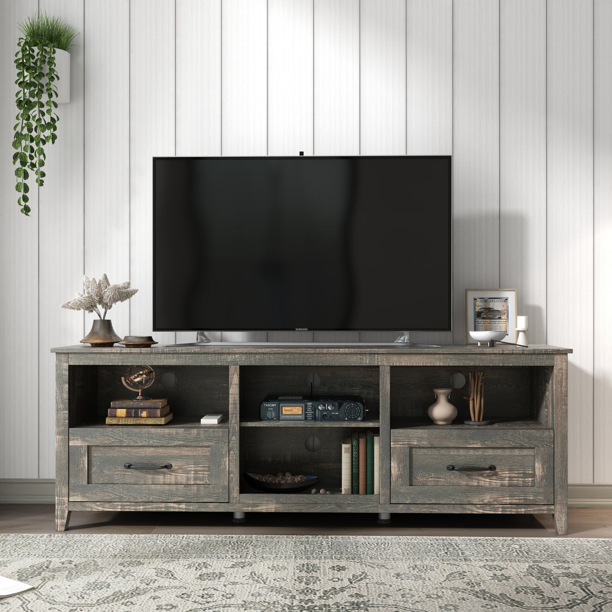 70 Inch Length TV Stand for Living Room and Bedroom, with 2 Drawers and 4 High-Capacity Storage Compartment,Black Pine W881123503-djyc