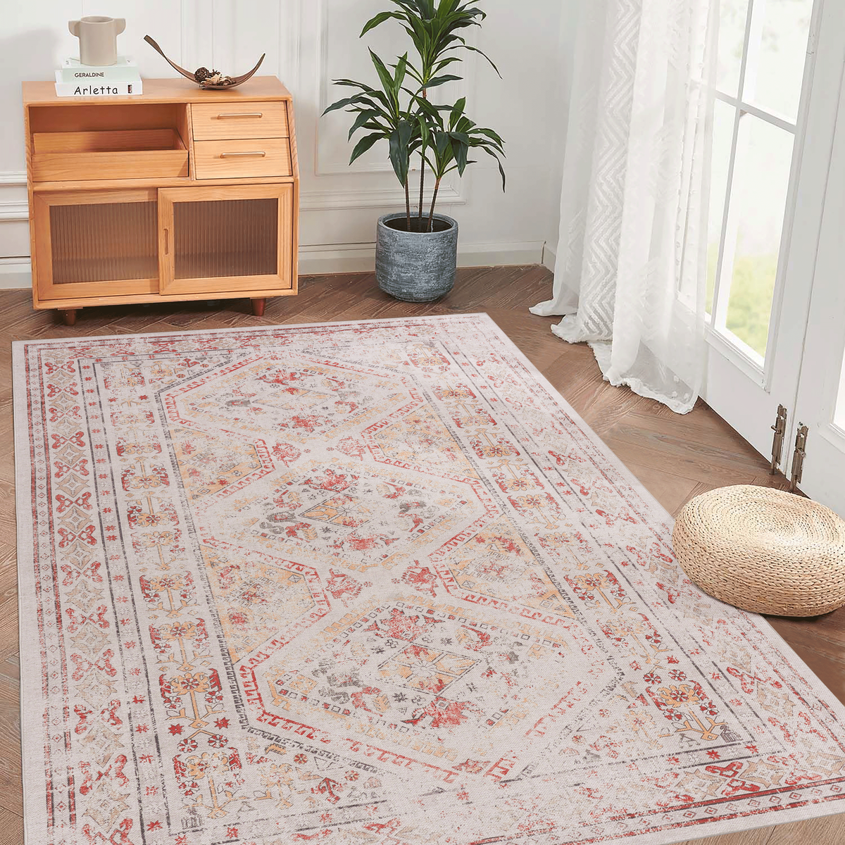 MAVAL Beige Washable Rug 6x9 Area Rug (Beige, 6' x 9')-B189P188992