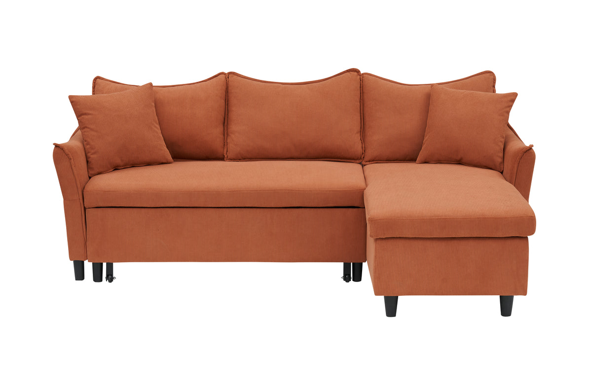 This 80-inch orange corduroy L-shaped sofa comes with two small throw pillows that can be converted into a sofa bed for storage W1278S00026-djyc