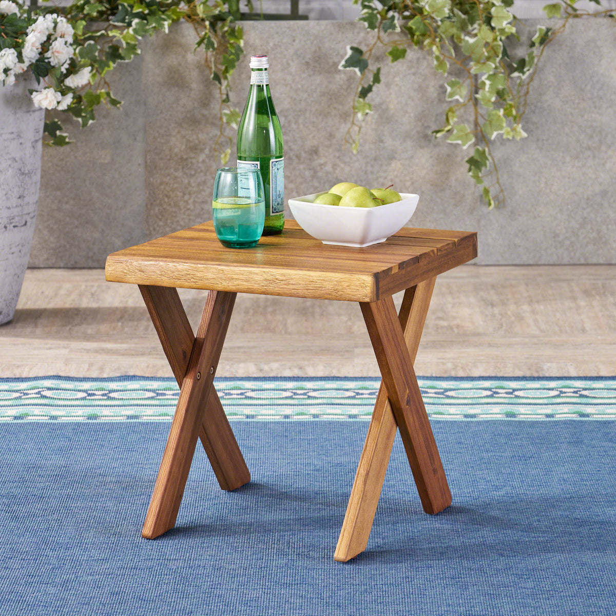 Rustic Sandblast Acacia Wood Side Table – Classic Cross Base, Durable for Outdoor Use 63158-djyc