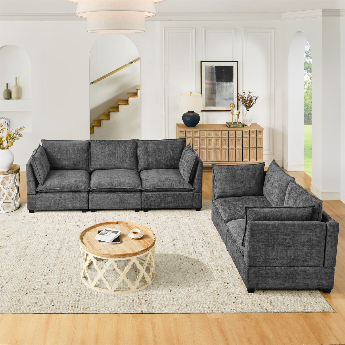 2-Piece Chenille Fabric Upholstered Living Room Furniture Set, Including 3-Seater Sofa and Loveseat Sofa with Seat and Back Cushion(Grey) W1117S00188-djyc