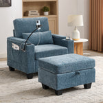 Single sofa recliner with manually adjustable backrest, USB charging port on the armrest side, phone stand included, hidden armrest storage, and a matching storage ottoman-Blue-W487P423651