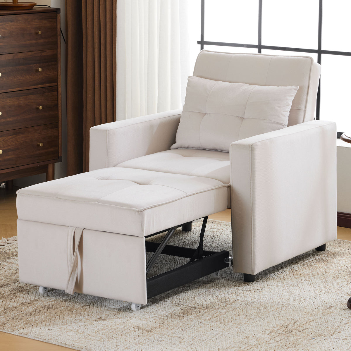 Convertible Sleeper Sofa Chair Bed with Pillow & Pocket, 3-in-1 Sofa Bed Sleeper Chair in Modern Velvet Fabric for Living Room, Bedroom, Study, Apartment, Beige N765P21617172W-djyc