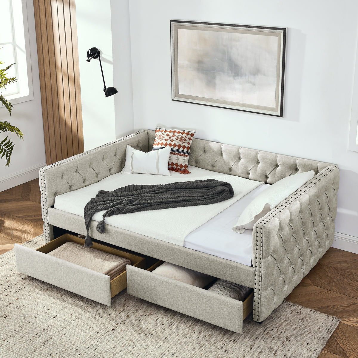Upholstered Full Size Daybed with Two Drawers, with Button and Copper Nail on Square Arms, Beige (82.75''x58''x30.75'') W487S00219-djyc