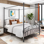 Queen Size Metal Canopy Bed Frame with Headboard and Footboard Black W84034157-djyc