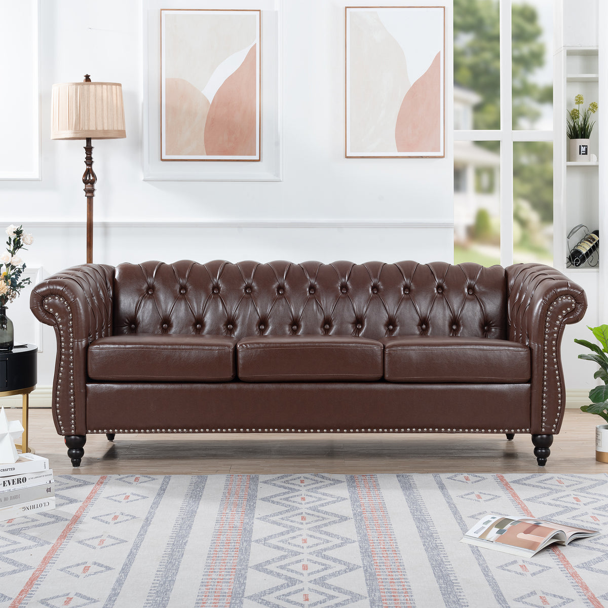 84.65' Dark Brown PU Rolled Arm Chesterfield Three Seater Sofa. W68035342-djyc