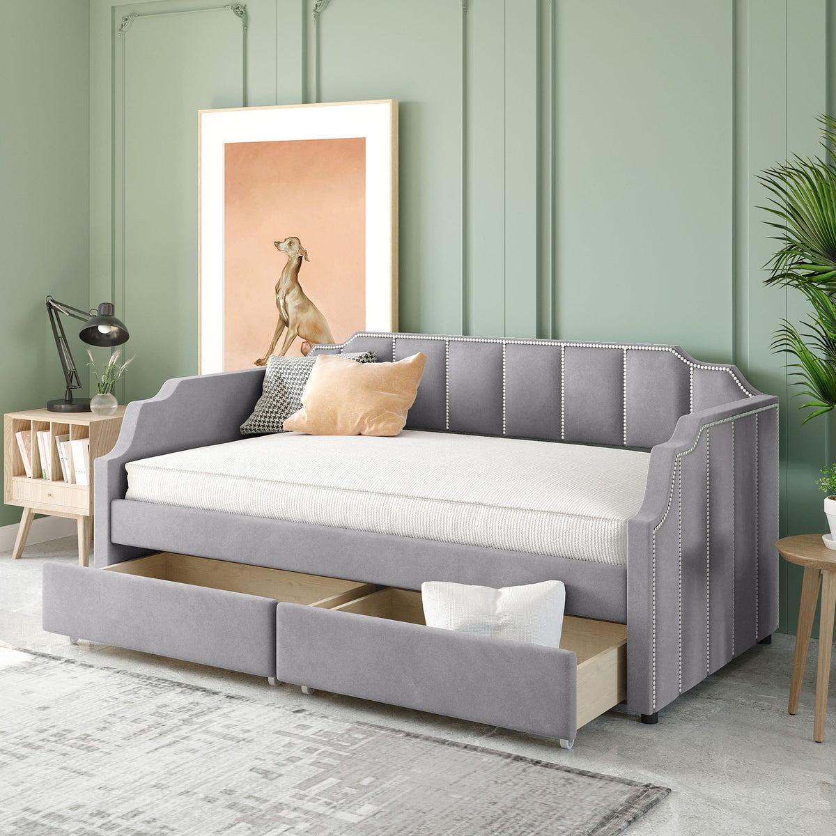 Twin Size Upholstered daybed with Drawers, Wood Slat Support, Gray LP000115AAE-djyc