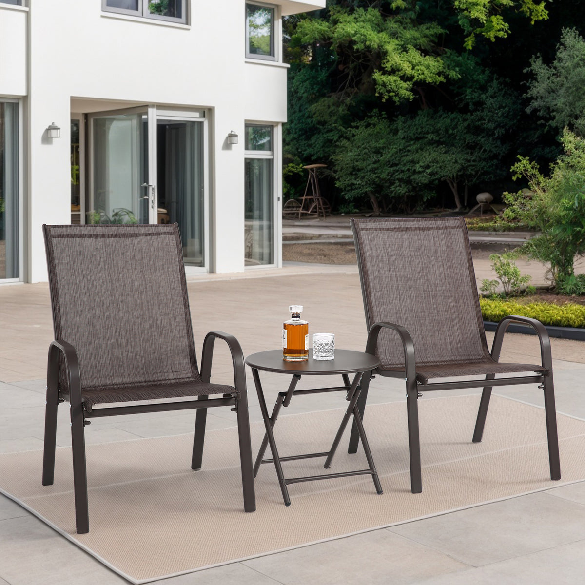3 Piece Patio set, Outdoor Camping Chairs with Breathable Textilene Fabric, folding table with steel table top, 2chairs and 1table set ( Brown) W640P270192-djyc