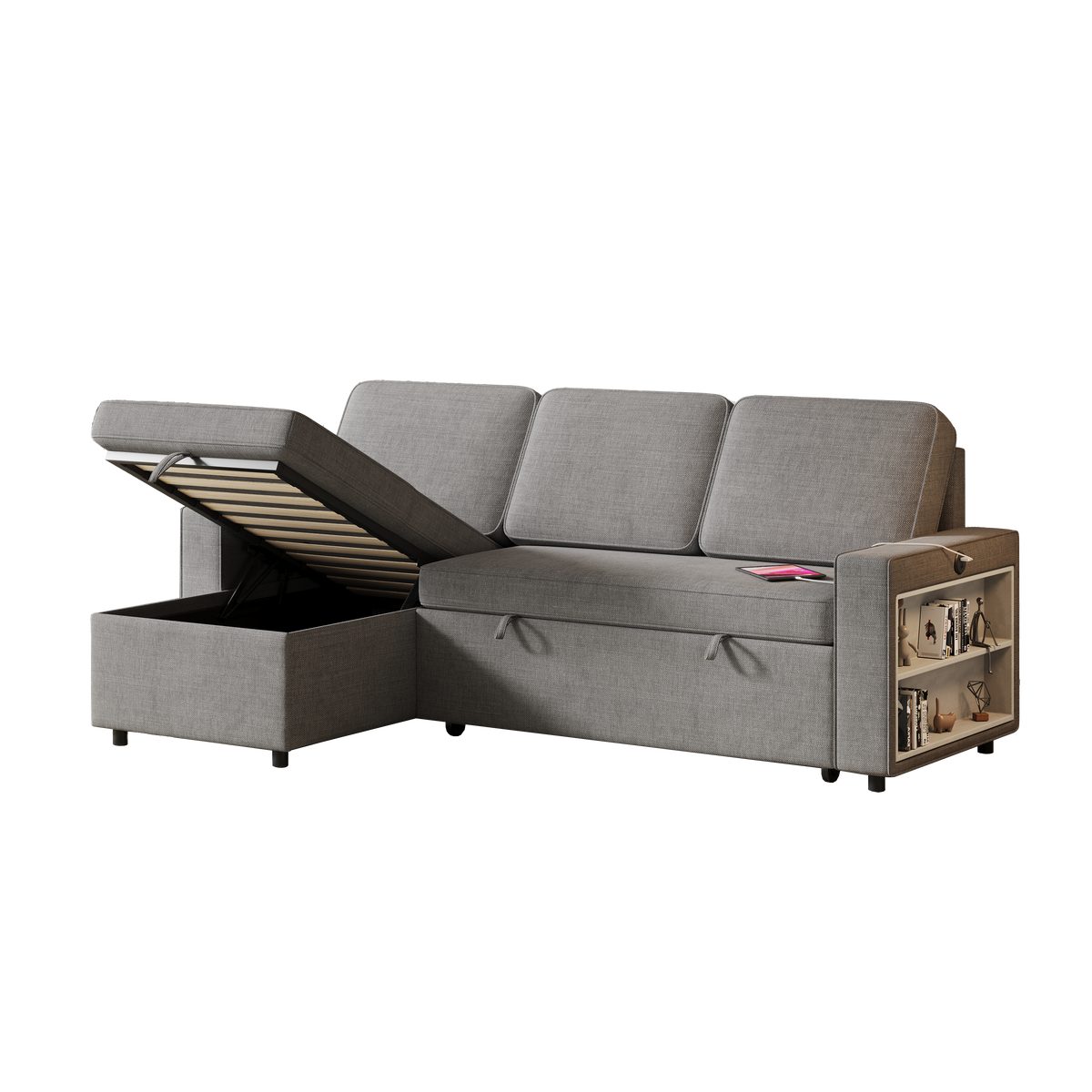 85.8" Pull Out Sleeper Sofa L-Shaped Couch Convertible Sofa Bed with Storage Chaise And Storage Racks,With USB Port And T-pyce Port W834S00268-djyc