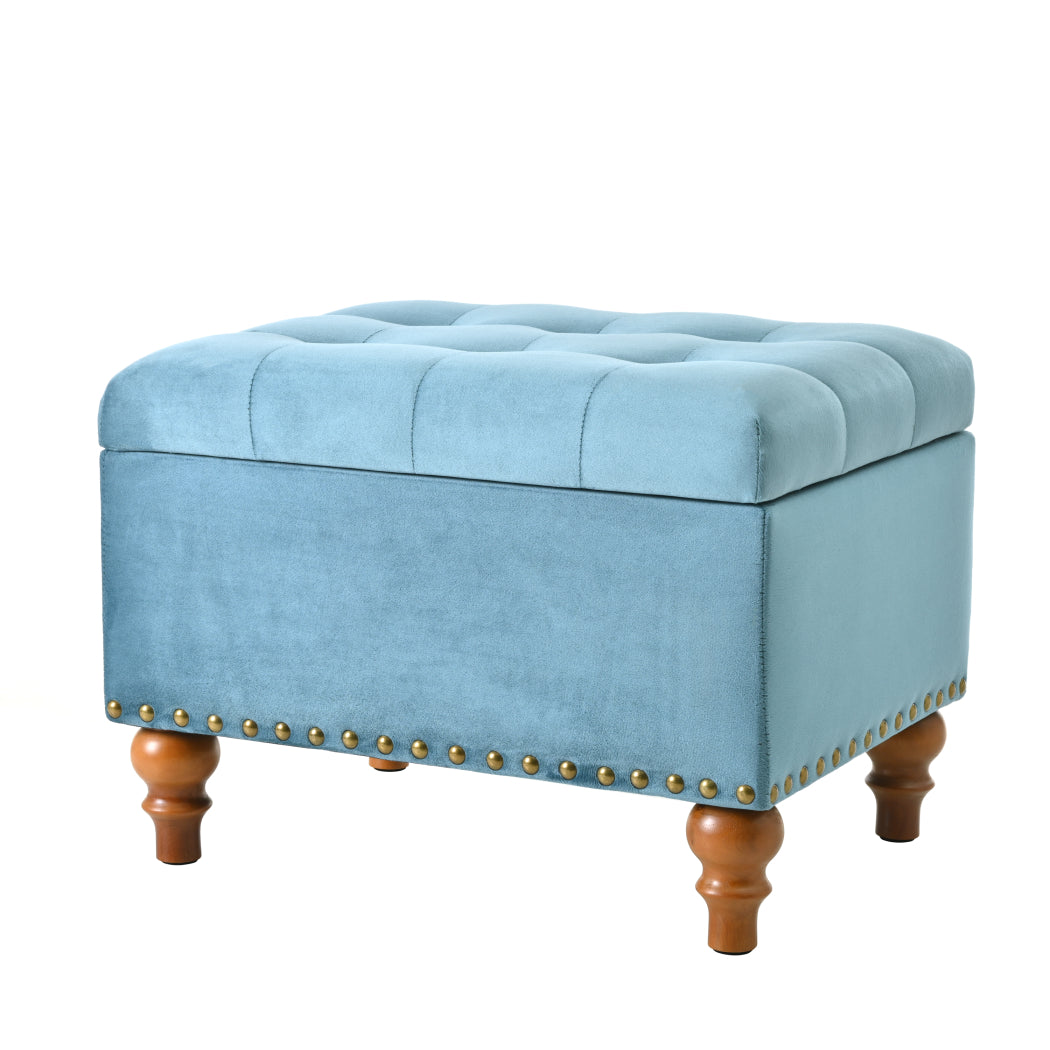 Square velvet upholstered Ottoman with storage space, hidden support hinges with easy to open top, rivets trim around (Light Blue) W2941P242272-djyc
