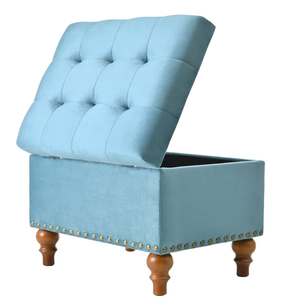 Square velvet upholstered Ottoman with storage space, hidden support hinges with easy to open top, rivets trim around (Light Blue) W2941P242272-djyc