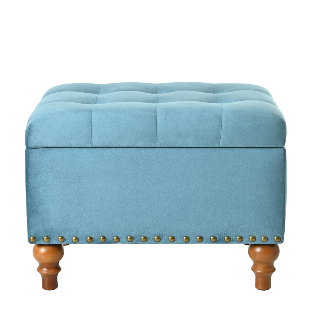 Square velvet upholstered Ottoman with storage space, hidden support hinges with easy to open top, rivets trim around (Light Blue) W2941P242272-djyc