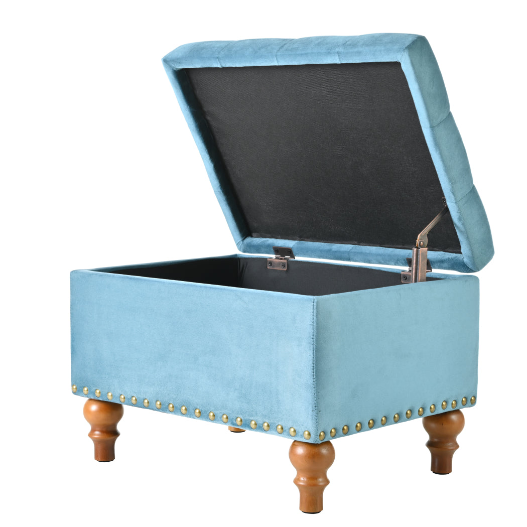 Square velvet upholstered Ottoman with storage space, hidden support hinges with easy to open top, rivets trim around (Light Blue) W2941P242272-djyc