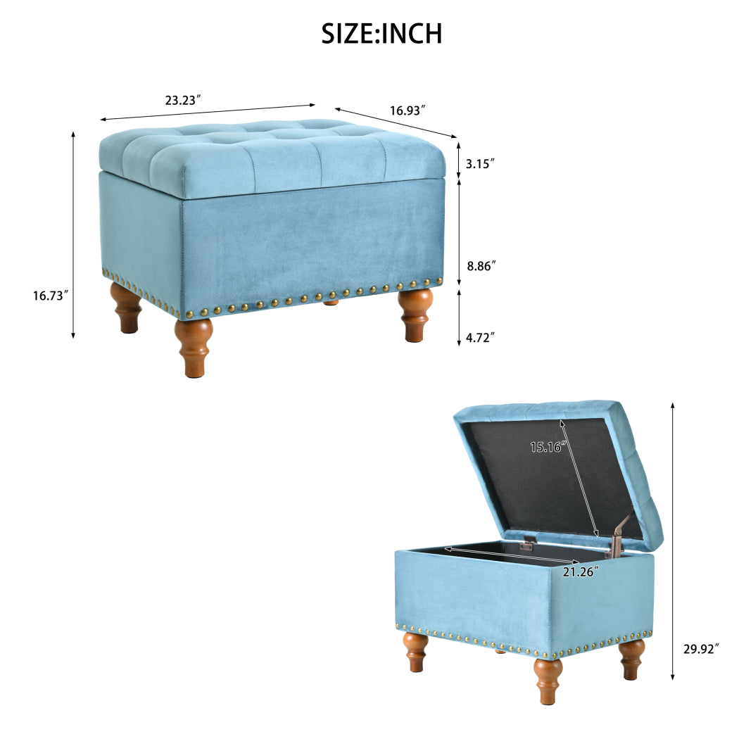 Square velvet upholstered Ottoman with storage space, hidden support hinges with easy to open top, rivets trim around (Light Blue) W2941P242272-djyc