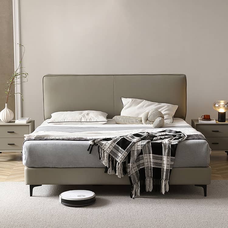 Stylish Grey Faux Leather Bed - Modern Design with Genuine Leather Accents Hersa-1628