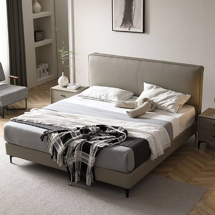 Stylish Grey Faux Leather Bed - Modern Design with Genuine Leather Accents Hersa-1628