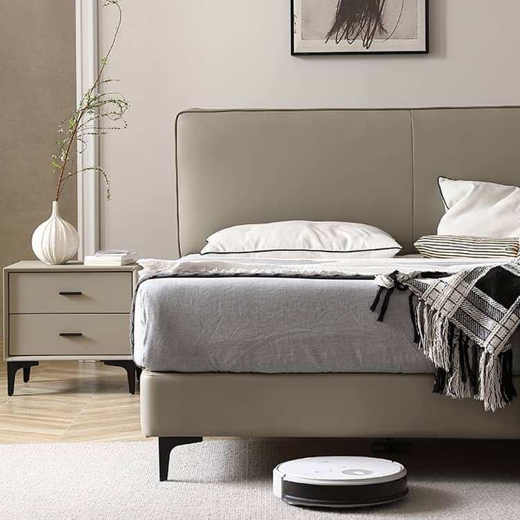 Stylish Grey Faux Leather Bed - Modern Design with Genuine Leather Accents Hersa-1628