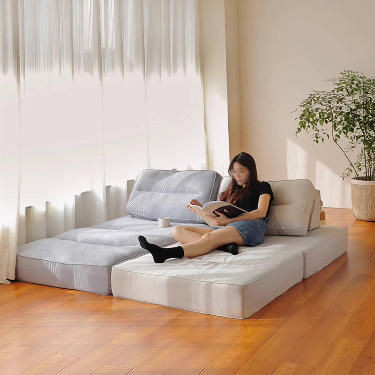 Elegant Beige and Light Blue Sofa - Premium Cotton and Linen Upholstery Hersa-1639