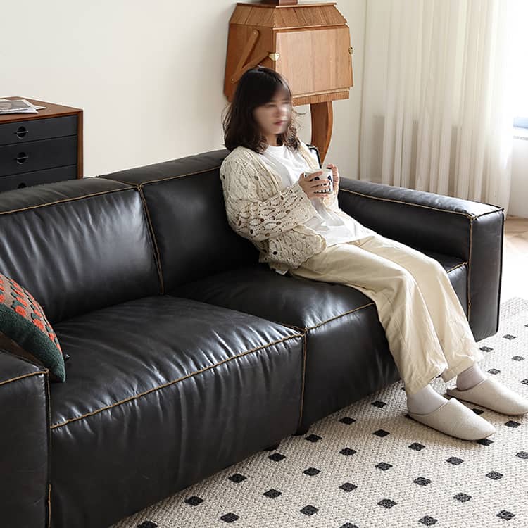 Luxurious Black Genuine Leather Sofa with Solid Wood Frame and Plush Down Filling Hersa-1644