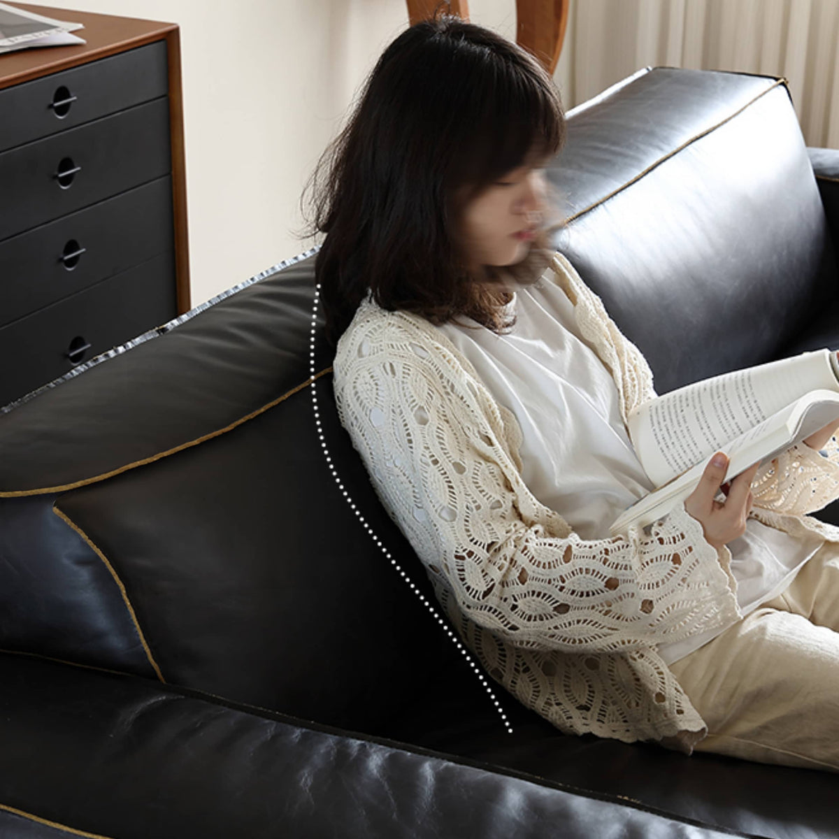 Luxurious Black Genuine Leather Sofa with Solid Wood Frame and Plush Down Filling Hersa-1644