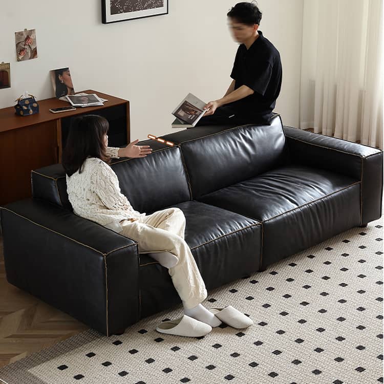 Luxurious Black Genuine Leather Sofa with Solid Wood Frame and Plush Down Filling Hersa-1644