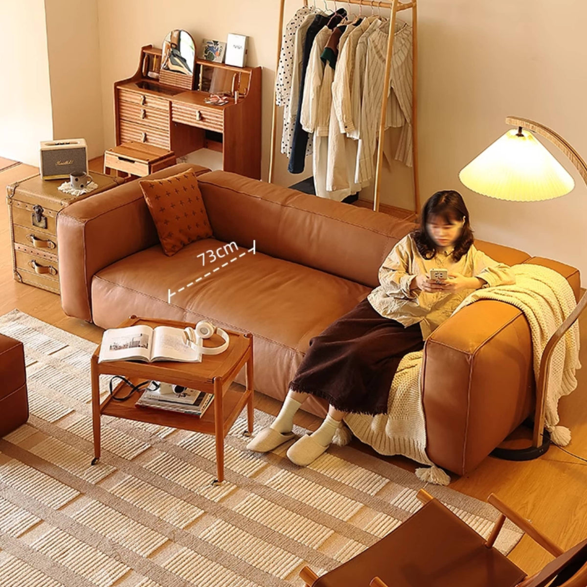 Luxurious Brown Solid Wood Sofa with Premium Genuine Leather and Down Filling Hersa-1647