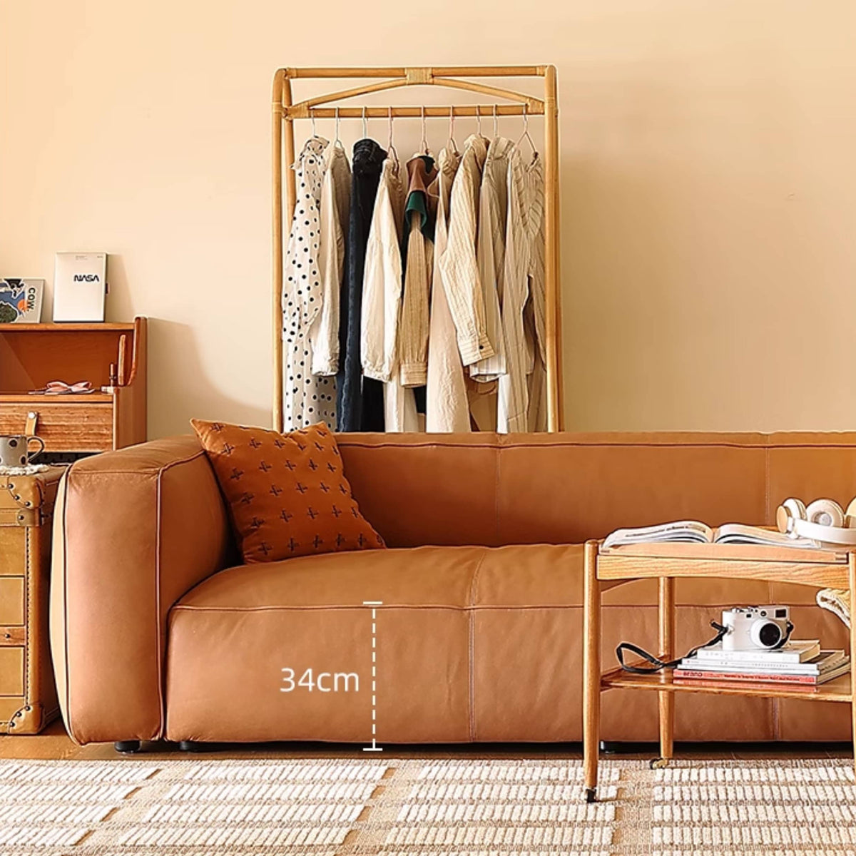 Luxurious Brown Solid Wood Sofa with Premium Genuine Leather and Down Filling Hersa-1647