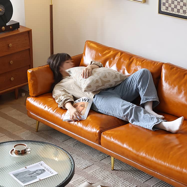 Luxurious Orange Genuine & Faux Leather Sofa with Plush Down Comfort Hersa-1648