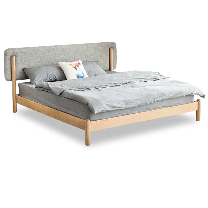 Stylish Natural Wood Bed Frame in Gray, Blue, or Brown - Oak and Pine with Cotton-Ramie Fabric Options hym-477