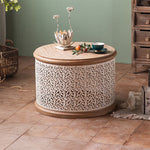 Round Pine Tea Table with Intricate Carved Design - Stylish and Elegant Centerpiece hdst-4301