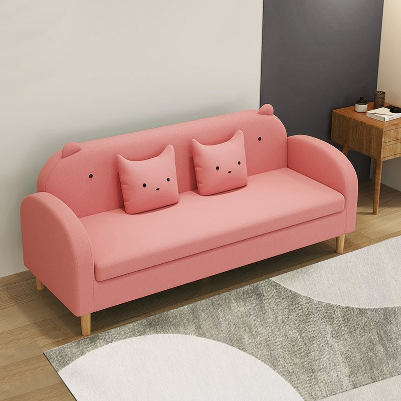 Stylish Light Gray Sofa with Off White, Mint Green, Grass Pink, and Yellow Wood Accents – Premium Cotton Upholstery qm-11