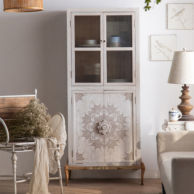 Vintage Pine Wood-Inspired Bedside Cabinet with Intricate Mandala Design hdst-4241