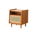 Sleek Ash & Beech Wood Nightstand with Rattan Accents - Modern Bedroom Essential hns-4120