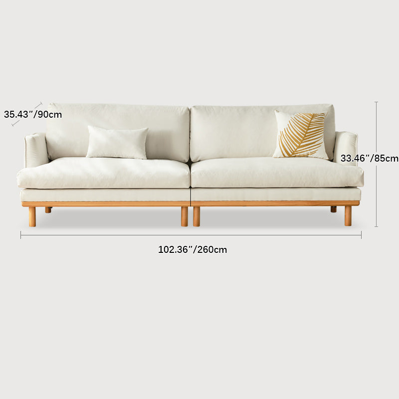 Luxury Goose Down Sofa with Light Gray Cotton and Beige Faux Leather Accents, Cherry Wood Frame fcp-1298