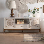 Vintage Pine Wood-Inspired Bedside Cabinet with Intricate Mandala Design hdst-4241