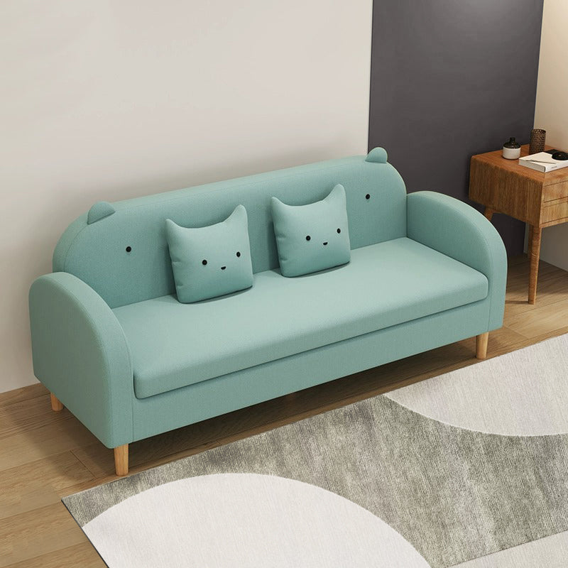 Stylish Light Gray Sofa with Off White, Mint Green, Grass Pink, and Yellow Wood Accents – Premium Cotton Upholstery qm-11