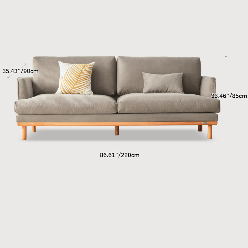 Luxury Goose Down Sofa with Light Gray Cotton and Beige Faux Leather Accents, Cherry Wood Frame fcp-1298