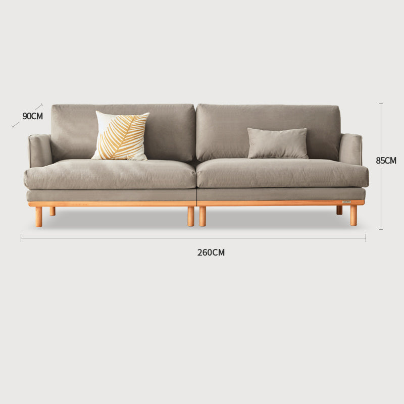 Luxury Goose Down Sofa with Light Gray Cotton and Beige Faux Leather Accents, Cherry Wood Frame fcp-1298