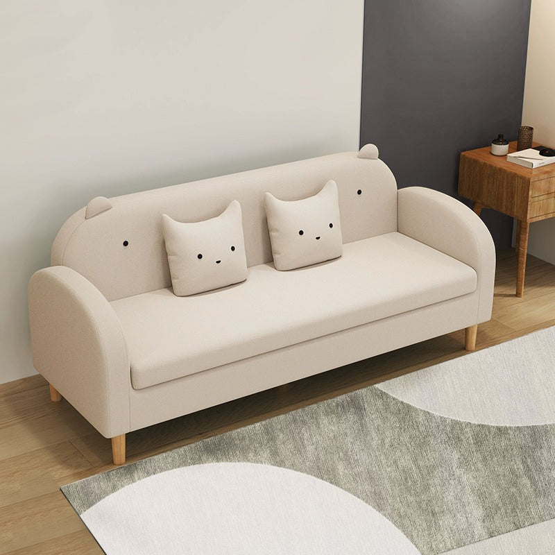 Stylish Light Gray Sofa with Off White, Mint Green, Grass Pink, and Yellow Wood Accents – Premium Cotton Upholstery qm-11