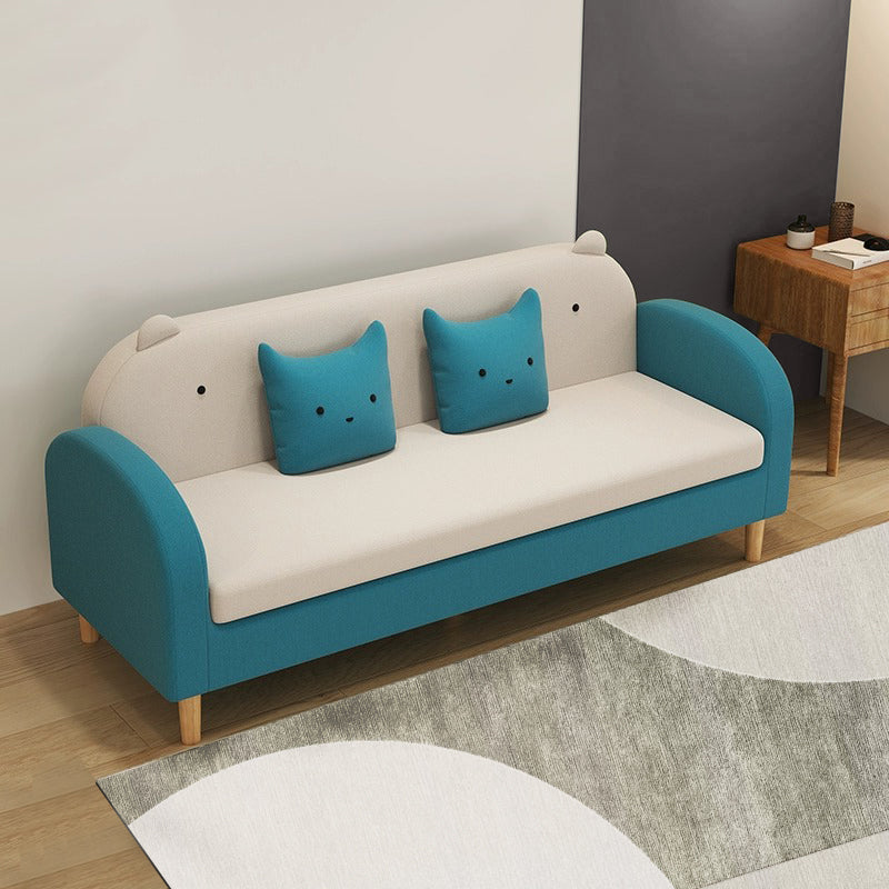 Stylish Light Gray Sofa with Off White, Mint Green, Grass Pink, and Yellow Wood Accents – Premium Cotton Upholstery qm-11