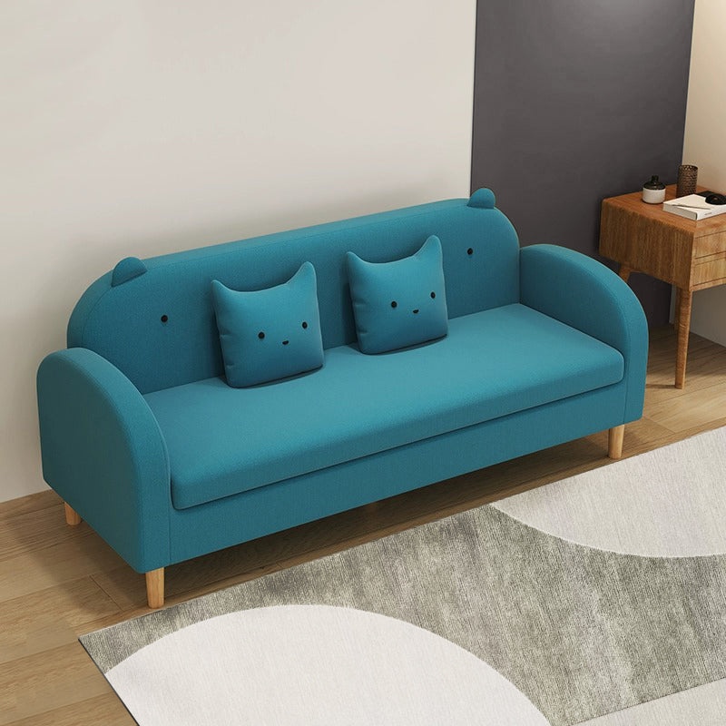 Stylish Light Gray Sofa with Off White, Mint Green, Grass Pink, and Yellow Wood Accents – Premium Cotton Upholstery qm-11