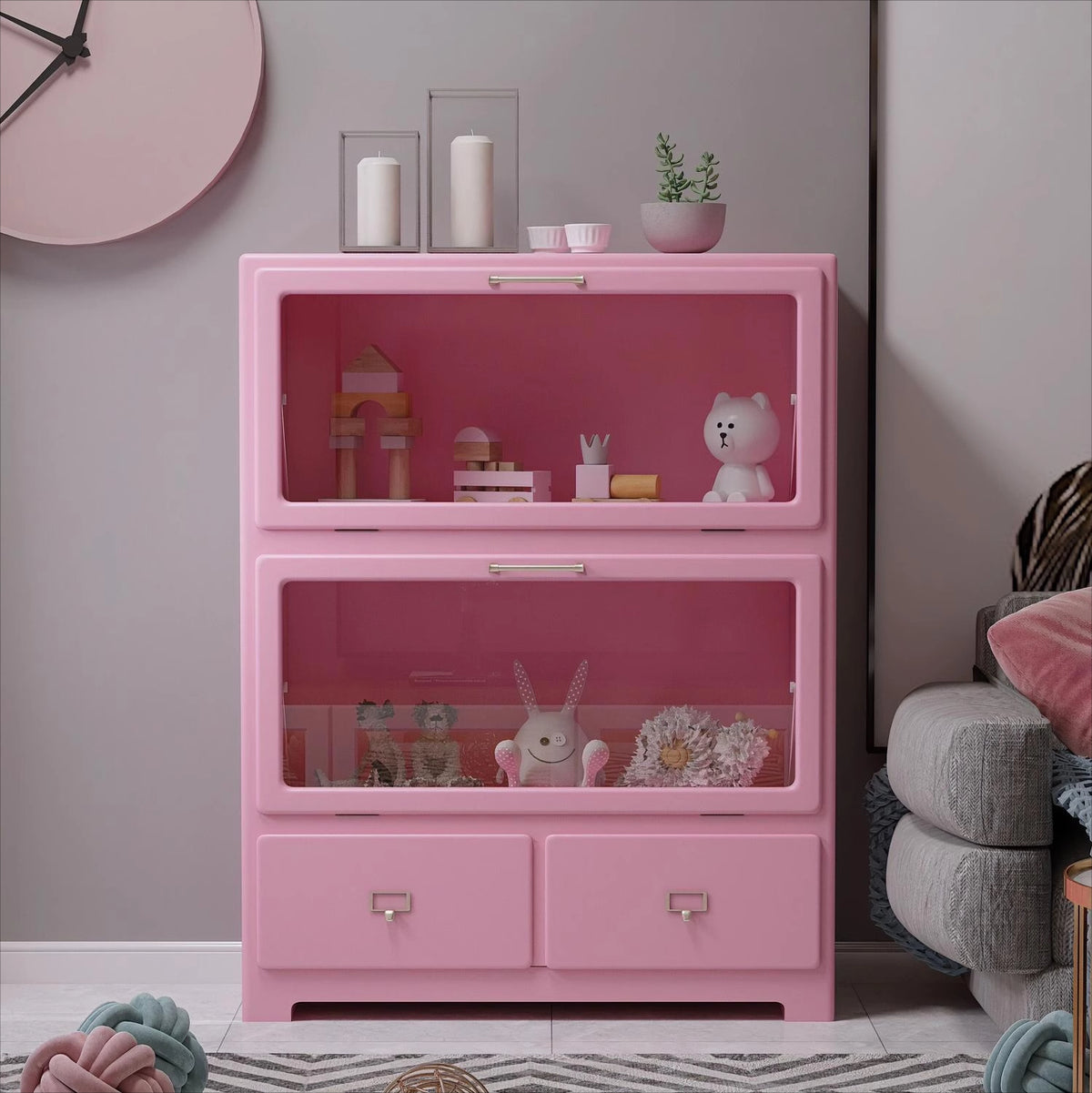 Stylish Pink Solid Wood Cabinet with Tempered Glass Display Shelves hyj-2298