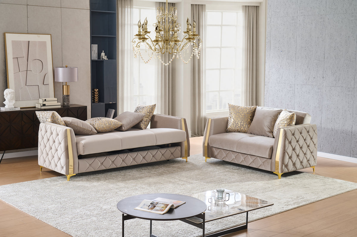 Lippa 2pc Upholstered Sofa and Loveseat Set in Taupe Fabric with Gold Stainless Steel Legs, Foam Cushioning and Sturdy Wood Frame-B009S02239