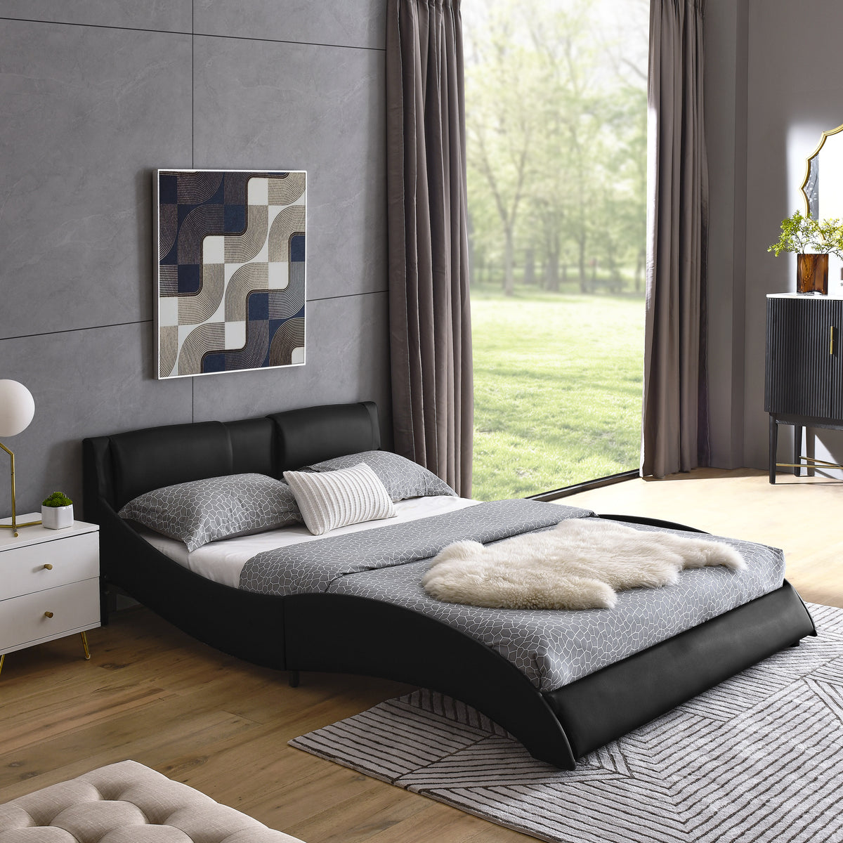 Queen Bed Frame Modern Faux Leather Upholstered Platform Bed Frame with and Headboard Wave Like Curve Low Profile Bed Frame,Wood Slats Support,Easy Assembly,Black W487P169712-djyc